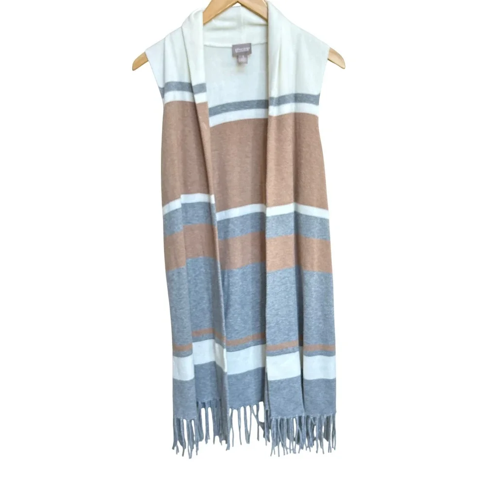 Chico's Striped Fringe Hem Open Front Longline Cardigan Vest Size 1 Medium